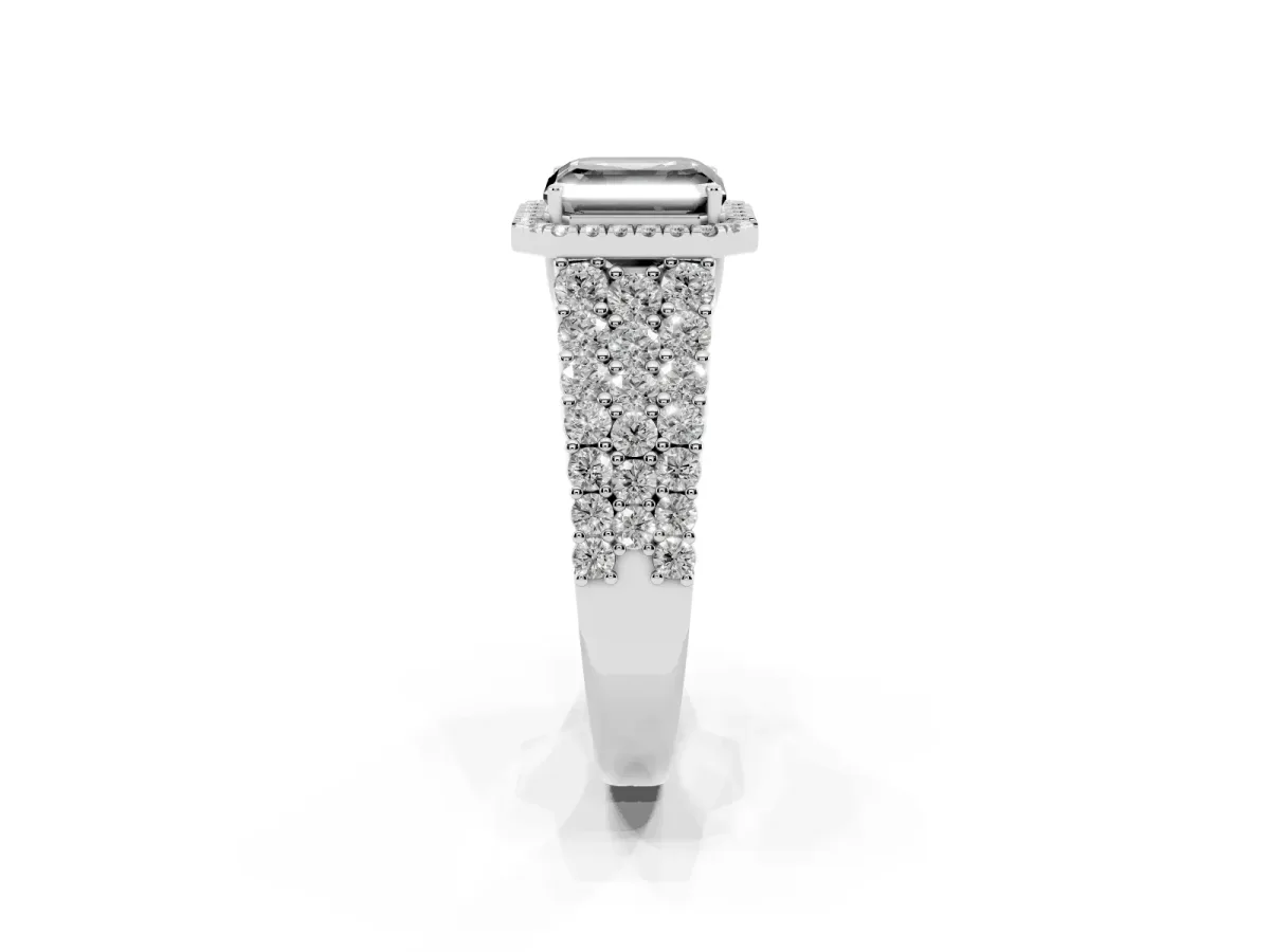 Fancy Black Asscher Cut Diamond Halo Engagement Ring with Triple Row Round Pavé Band and Prong Setting Silver