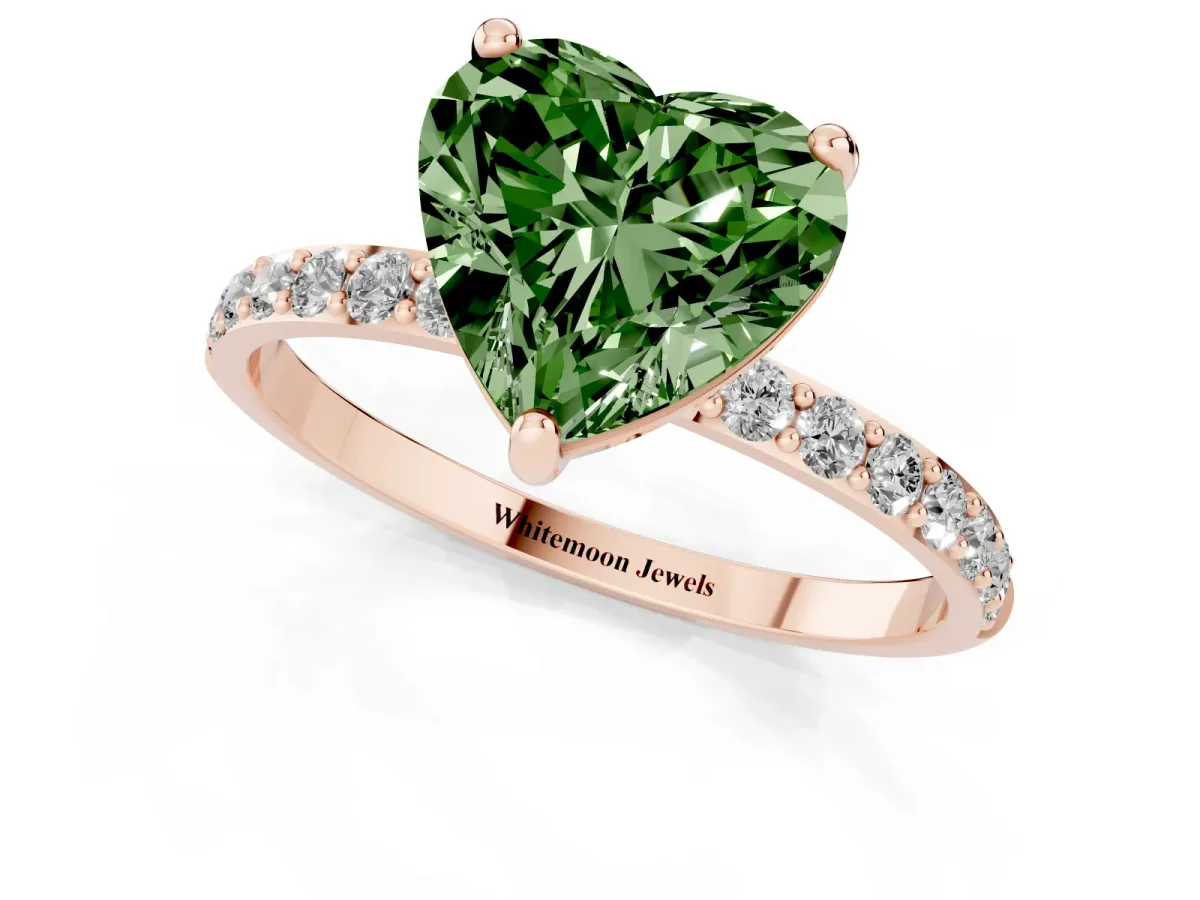 Fancy Green Heart Cut Diamond Solitaire Ring with Round Pavé Band and Prong Setting Rose gold