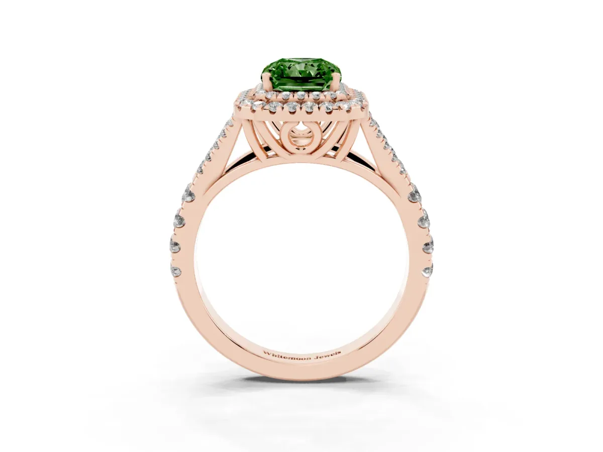 Fancy Green Radiant Cut Cut Double Halo Split Shank Diamond Ring with Prong Setting Rose gold