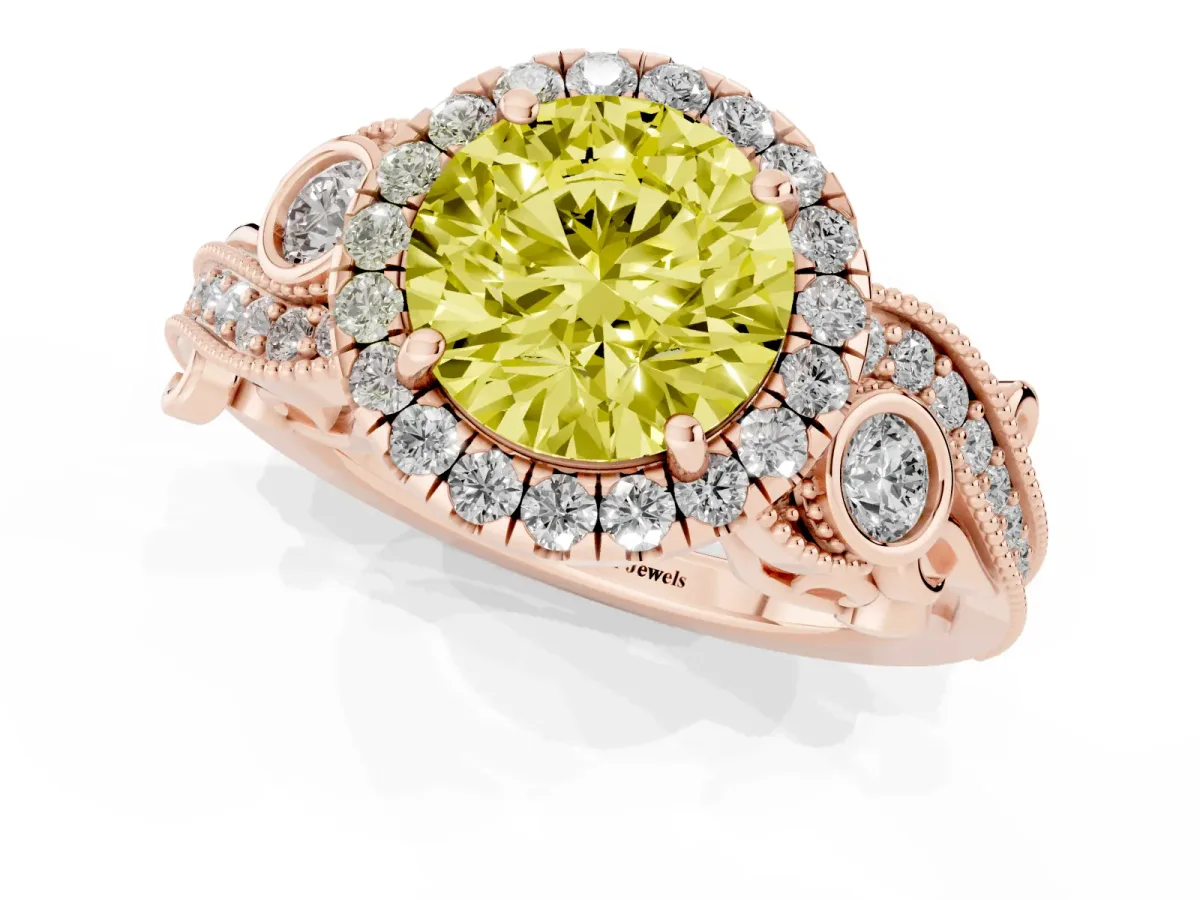 Fancy Yellow Round Cut Halo Diamond Ring with Milgrain and Bezel Accents on a Split Shank Band Rose gold