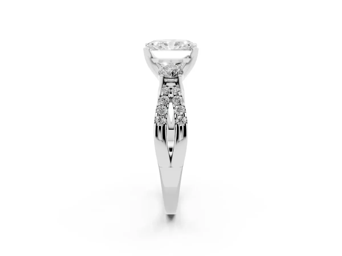 Radiant Cut Diamond Three-Stone Ring with Pavé Split Shank and Four-Prong Setting Silver