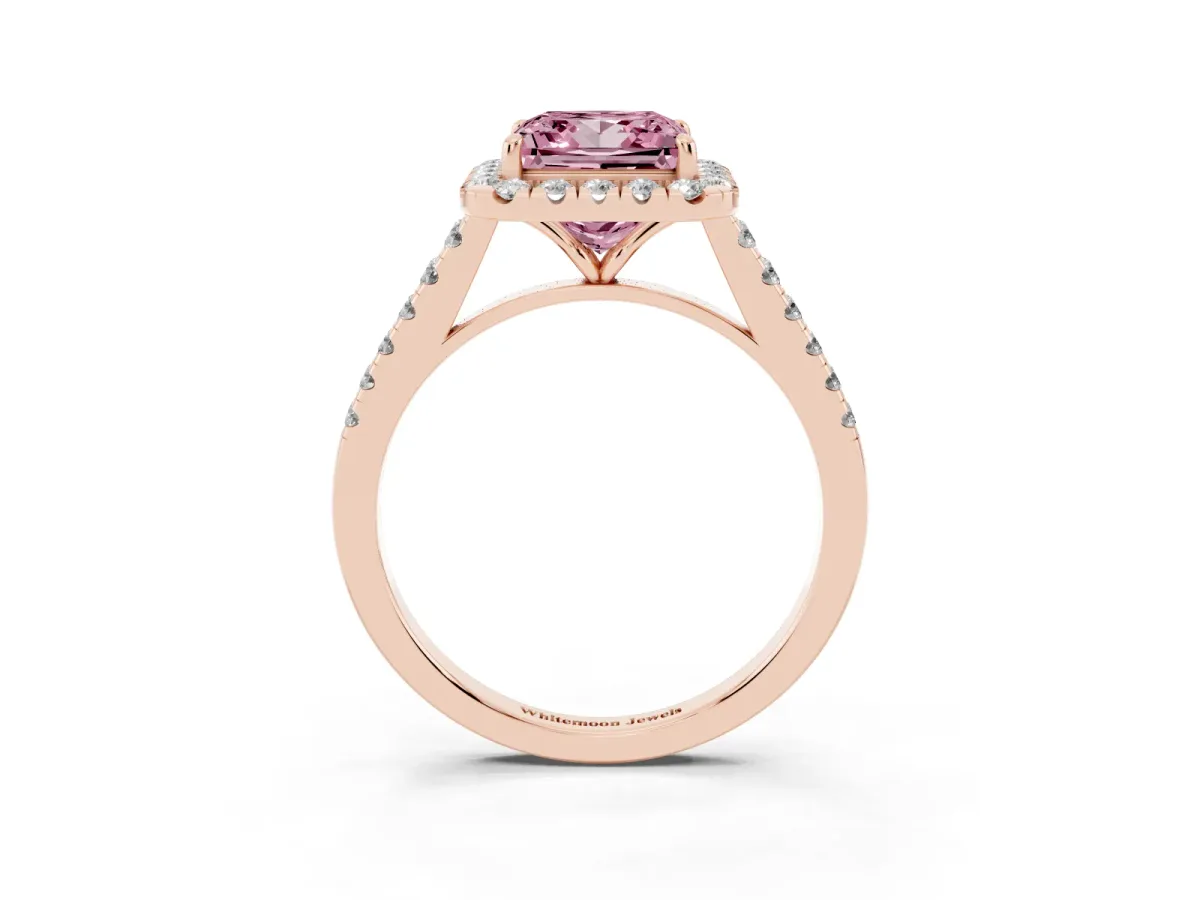 Fancy Pink Princess Cut Halo Pave Diamond Engagement Ring with Four-Prong Setting Rose gold