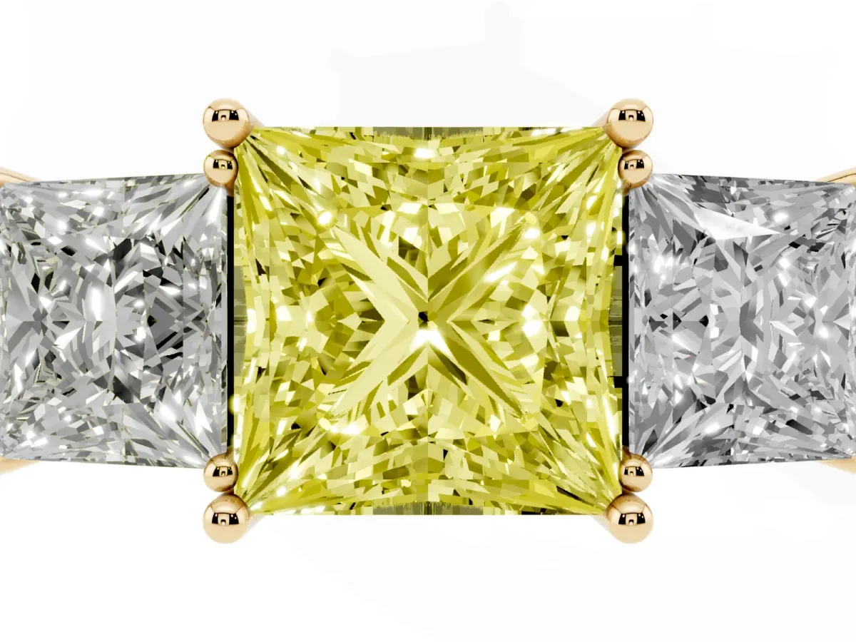 Fancy Yellow Three-Stone Princess Cut Cut Diamond Engagement Ring with Prong Setting on a White Gold Band Yellow gold