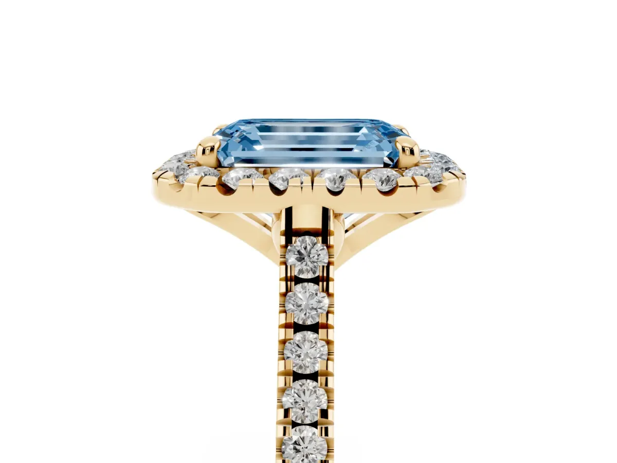 Fancy Blue Emerald Cut Diamond Cushion Halo Ring with Pavé Band Yellow gold