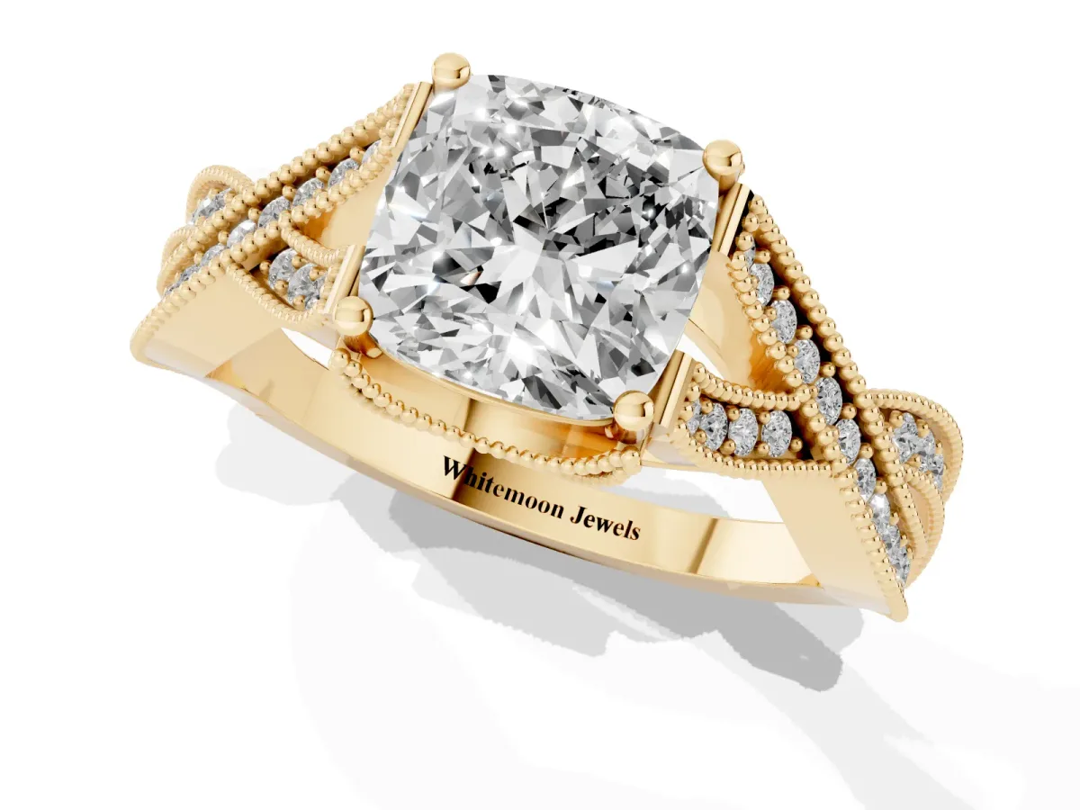 Cushion Cut Cut Diamond Twisted Band with Milgrain Pave Setting and Four-Prong Setting Yellow gold
