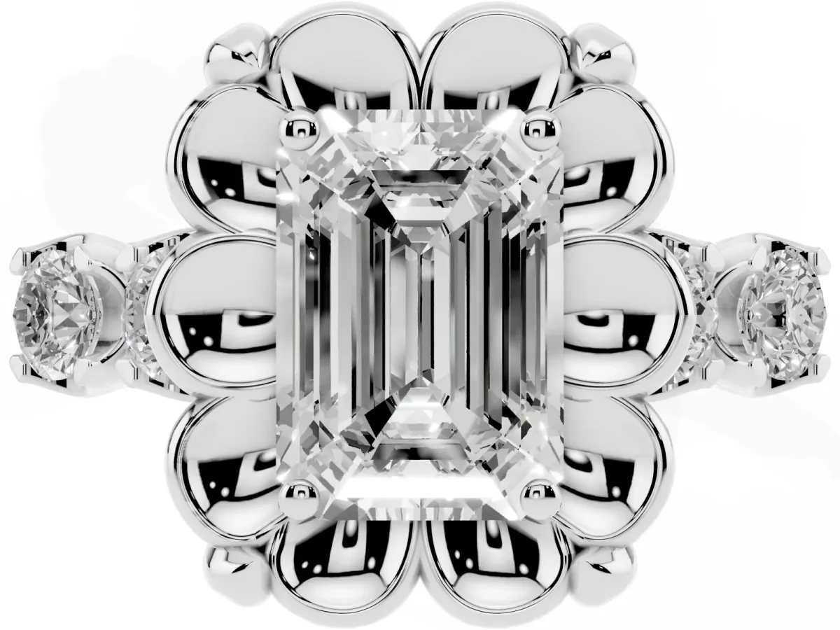 Emerald Cut Cut Diamond Floral Halo Engagement Ring with Shared Prong Setting Platinum