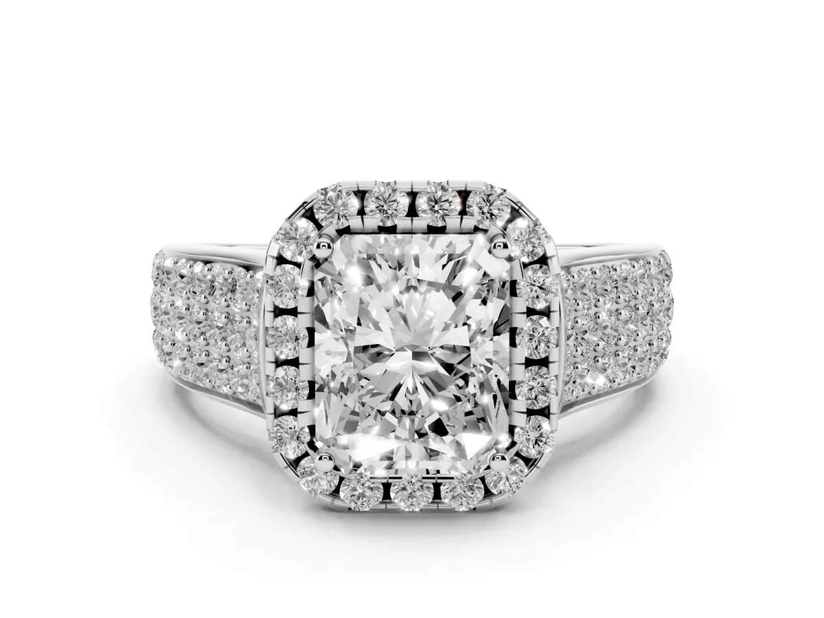 Radiant Cut Halo Round Diamond Pave Band with Prong Setting Silver