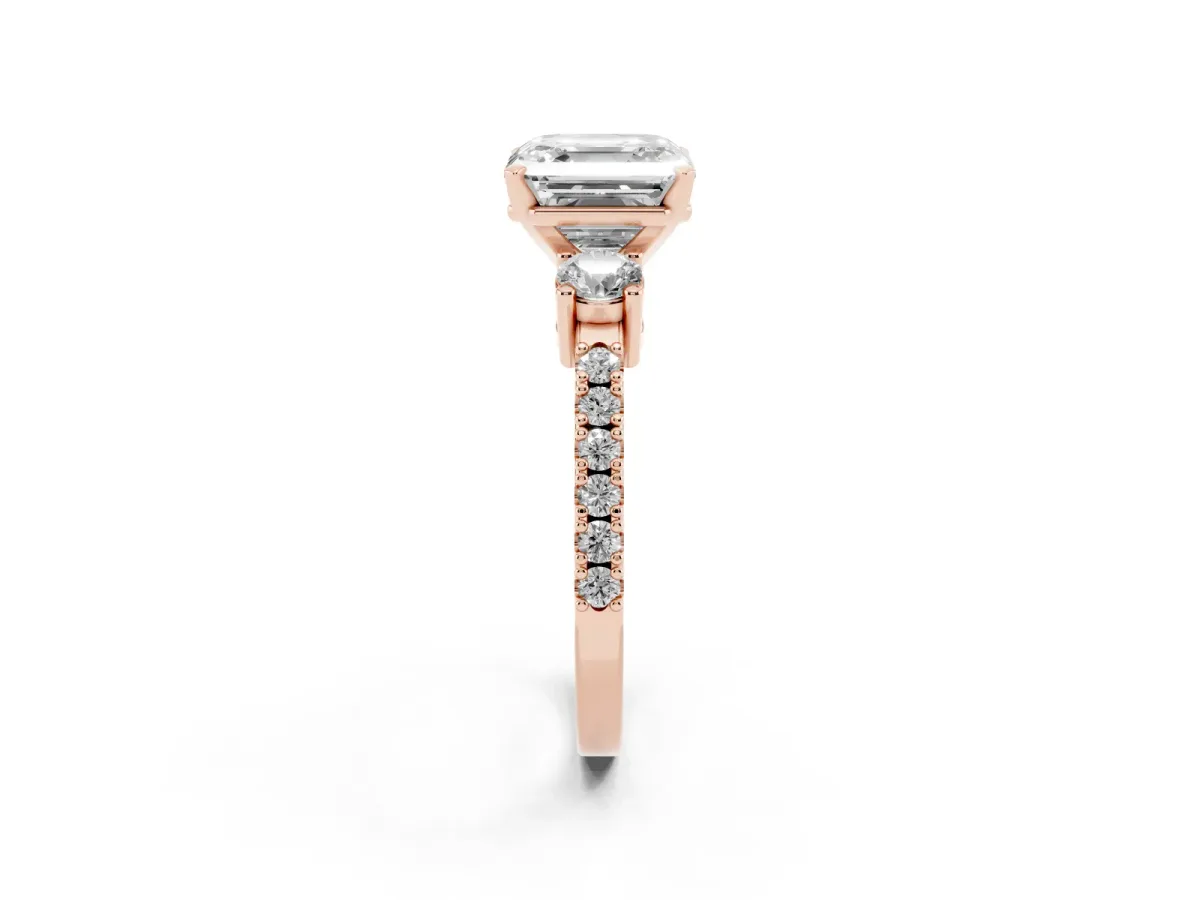 Asscher Cut Three-Stone Diamond Pavé Band with Prong Setting Rose gold
