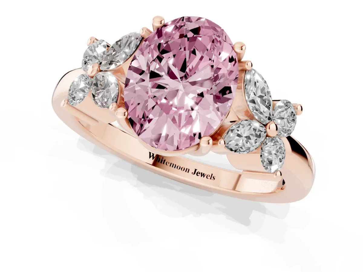 Fancy Pink Oval Cut Diamond Floral Cluster Ring with Solitaire Band and Prong Setting Rose gold