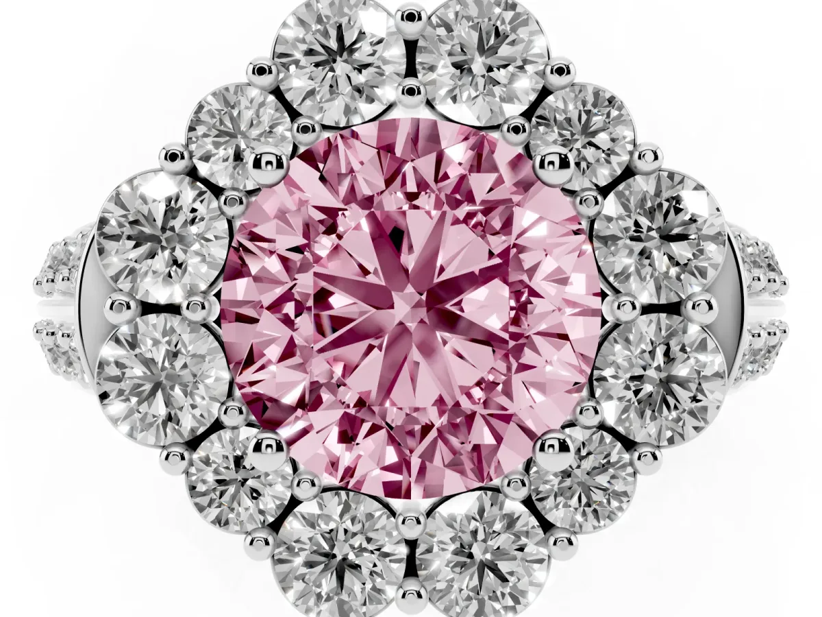 Fancy Pink Round Cut Halo Diamond Engagement Ring with Split Shank and Prong Setting Silver