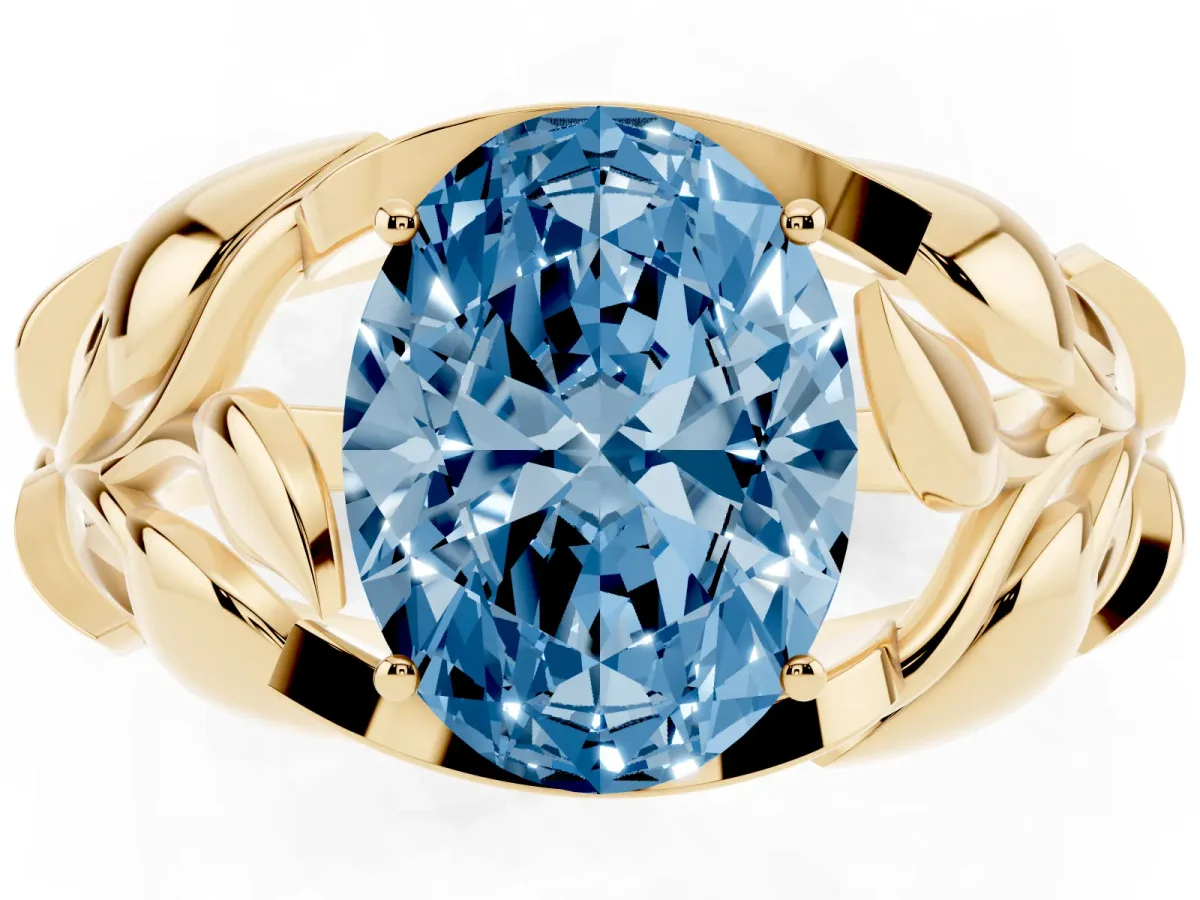 Fancy Blue Oval Cut Diamond Leaf-Inspired Engagement Ring with Round Accents and Prong Setting Yellow gold