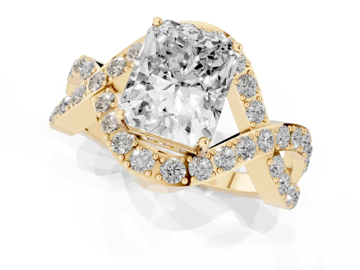 Radiant Cut Solitaire Twist Band Pavé Diamond Engagement Ring Yellow gold