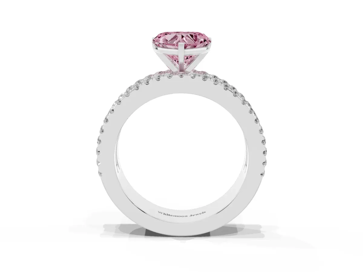 Fancy Pink Heart Cut Diamond Solitaire Ring with Pavé and Channel Set Band White gold