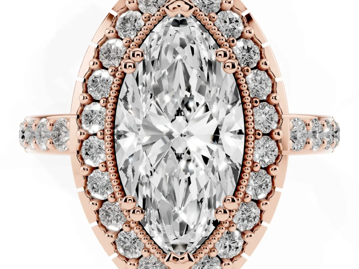 Marquise Cut Diamond Halo Ring with Pavé Band and Prong Setting Rose gold