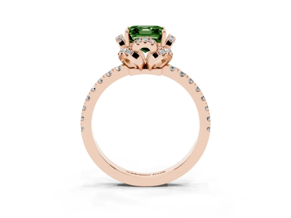 Fancy Green Asscher Cut Diamond Halo Pave Band with Four-Prong Setting Rose gold