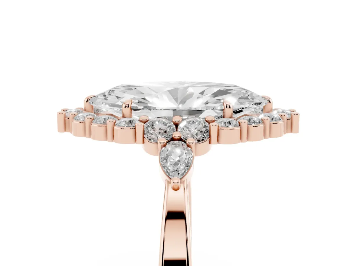 Marquise Cut Diamond Halo Ring with Pear Side Stones and Prong Setting Rose gold