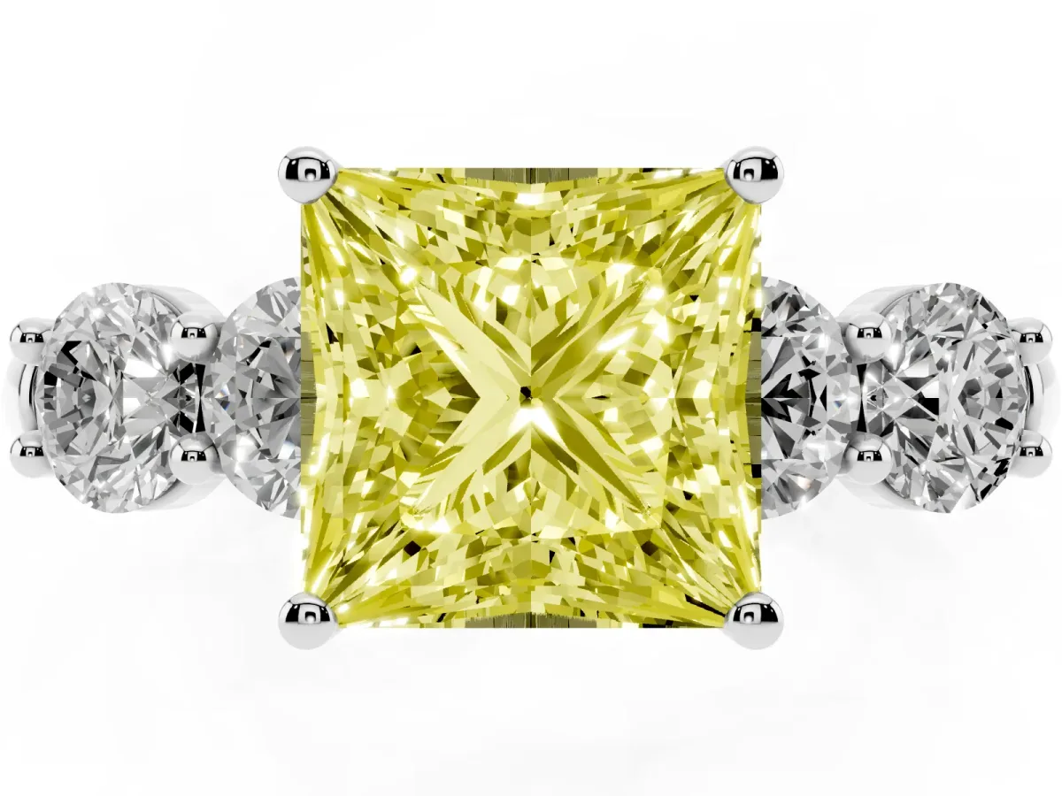 Fancy Yellow Princess Cut Cut Five-Stone Prong Set Diamond Ring with Classic Band Silver