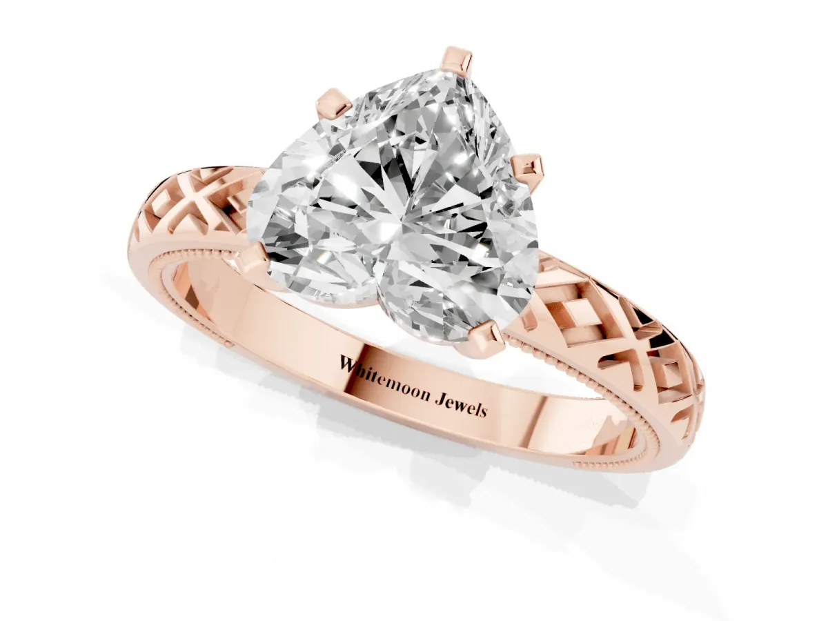 Heart Cut Solitaire Diamond Ring with Milgrain and Black Enamel X Pattern Band Rose gold
