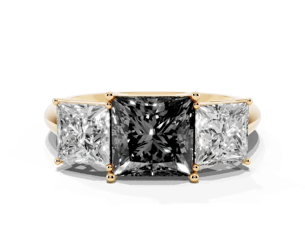 Fancy Black Three-Stone Princess Cut Cut Diamond Engagement Ring with Prong Setting on a White Gold Band Yellow gold