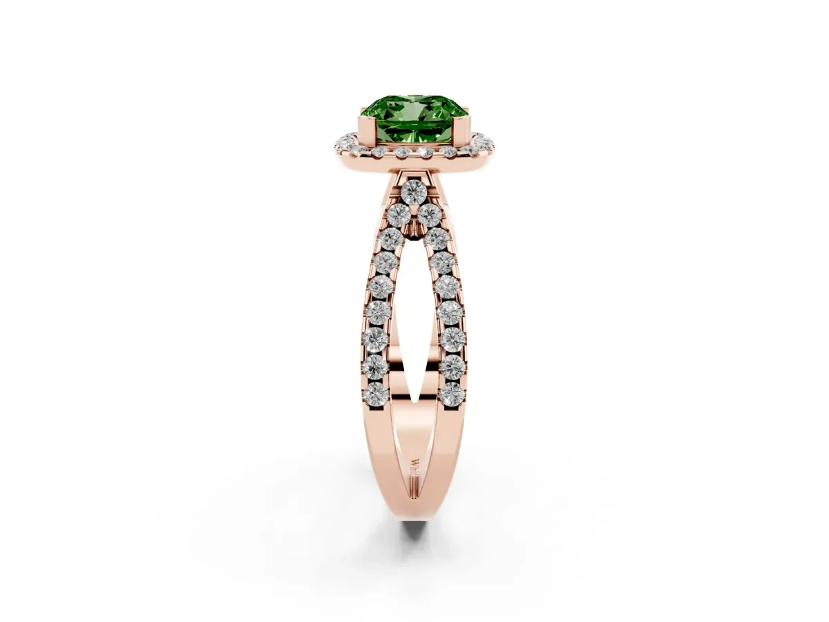 Fancy Green Cushion Cut Diamond Halo Ring with Split Shank Pavé Band and Prong Setting Rose gold