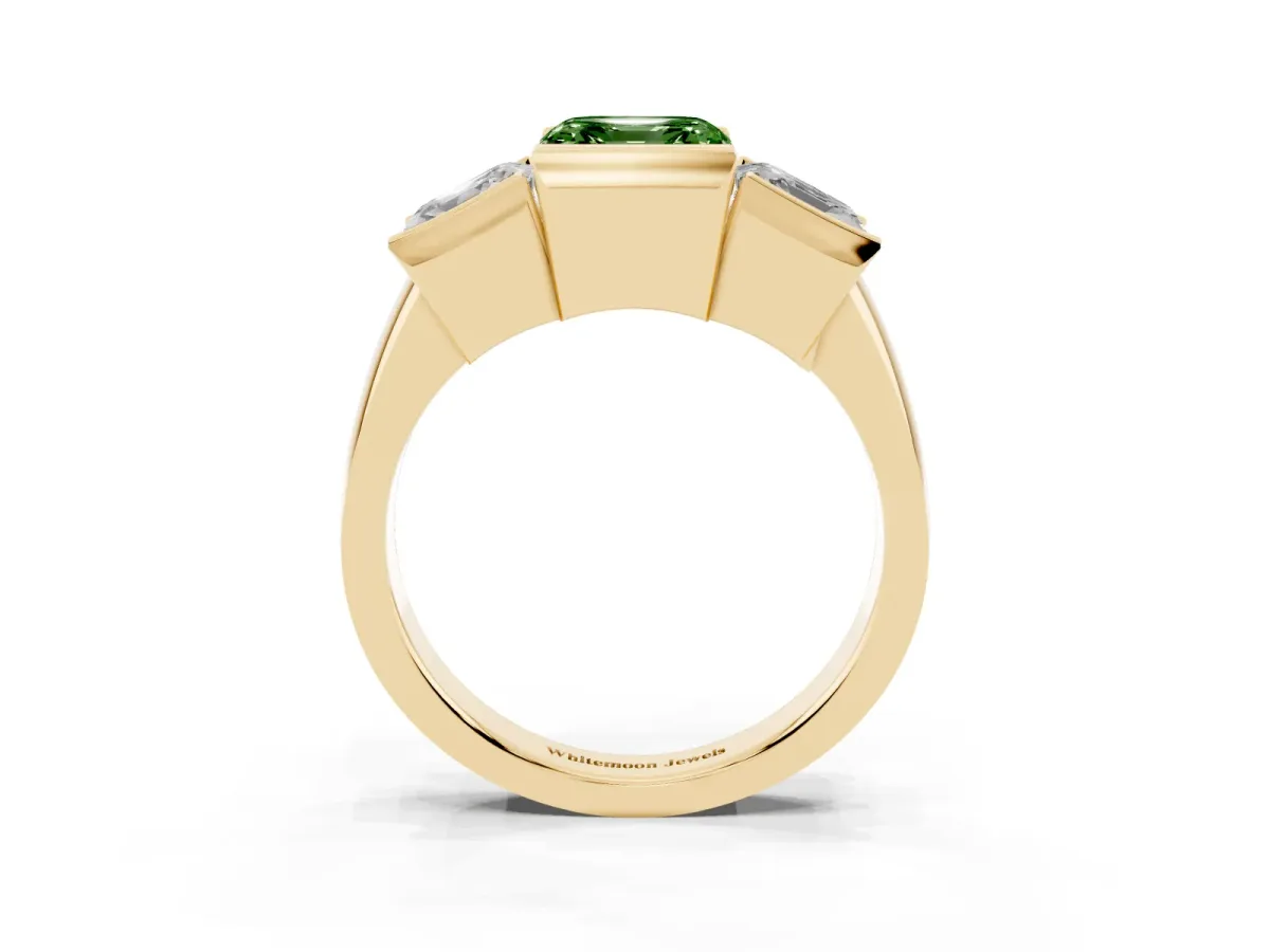Fancy Green Three Stone Asscher Cut Cut Channel Set Diamond Ring Yellow gold