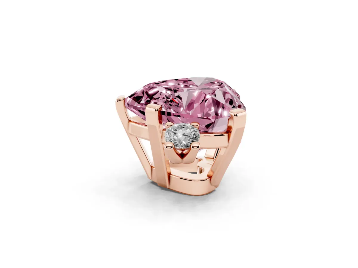 Fancy Pink Heart Cut Cut Three-Stone Solitaire Ring with Round Accent Diamonds and Four-Prong Setting Rose gold