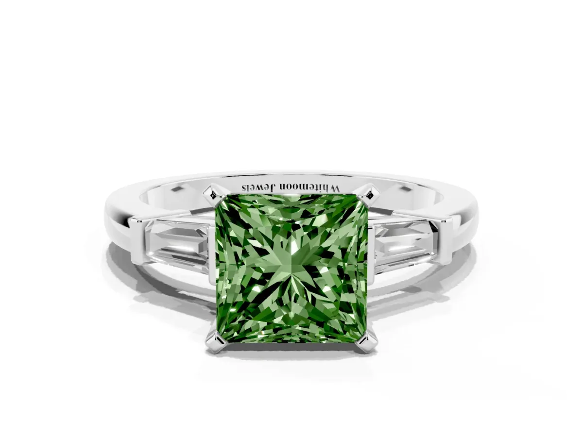 Fancy Green Princess Cut Cut Diamond Solitaire Ring with Tapered Baguette Accents and Four-Prong Setting Platinum