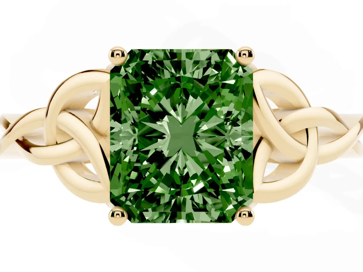 Fancy Green Radiant Cut Diamond Solitaire Engagement Ring with Celtic Knot Band and Four-Prong Setting Yellow gold