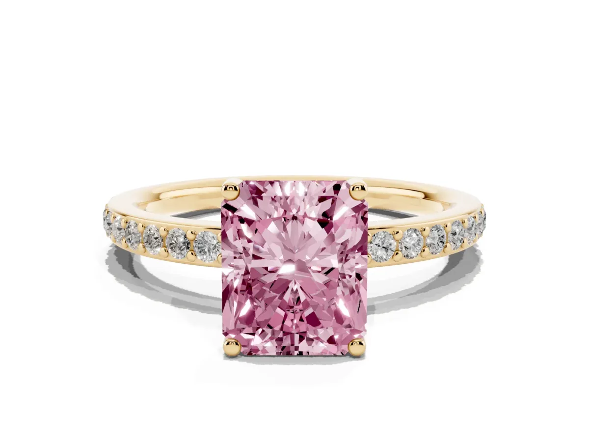 Fancy Pink Radiant Cut Cut Diamond Pavé Band Ring with Four-Prong Setting Yellow gold