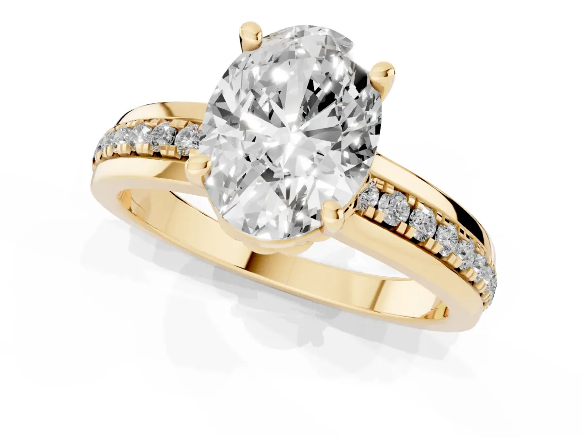 Oval Cut Solitaire Diamond Ring with Channel Set Band and Six-Prong Setting Yellow gold