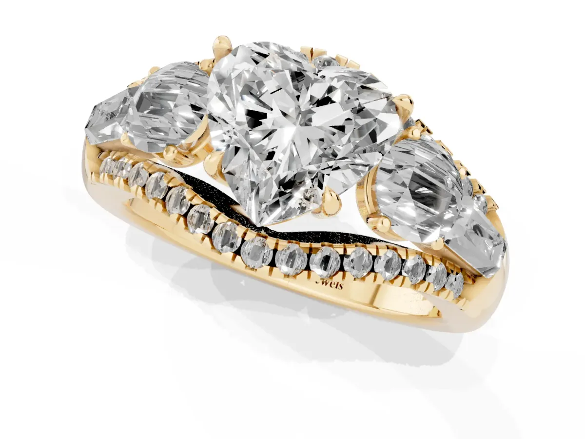 Three-Stone Heart Cut Diamond Engagement Ring with Pave Band and Prong Setting Yellow gold