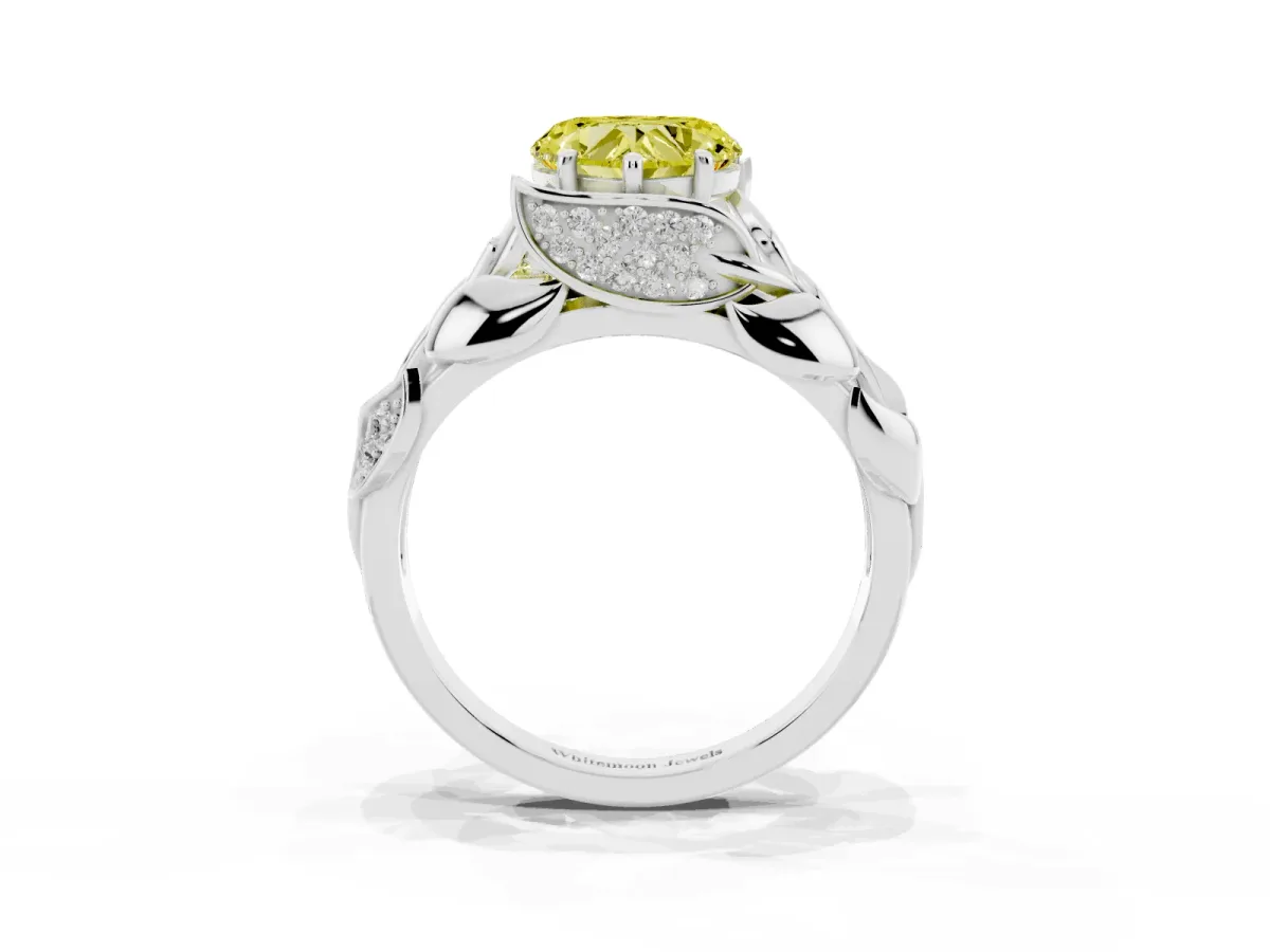 Fancy Yellow Heart Cut Diamond Leaf-Inspired Engagement Ring with Round Accents and Prong Setting Silver