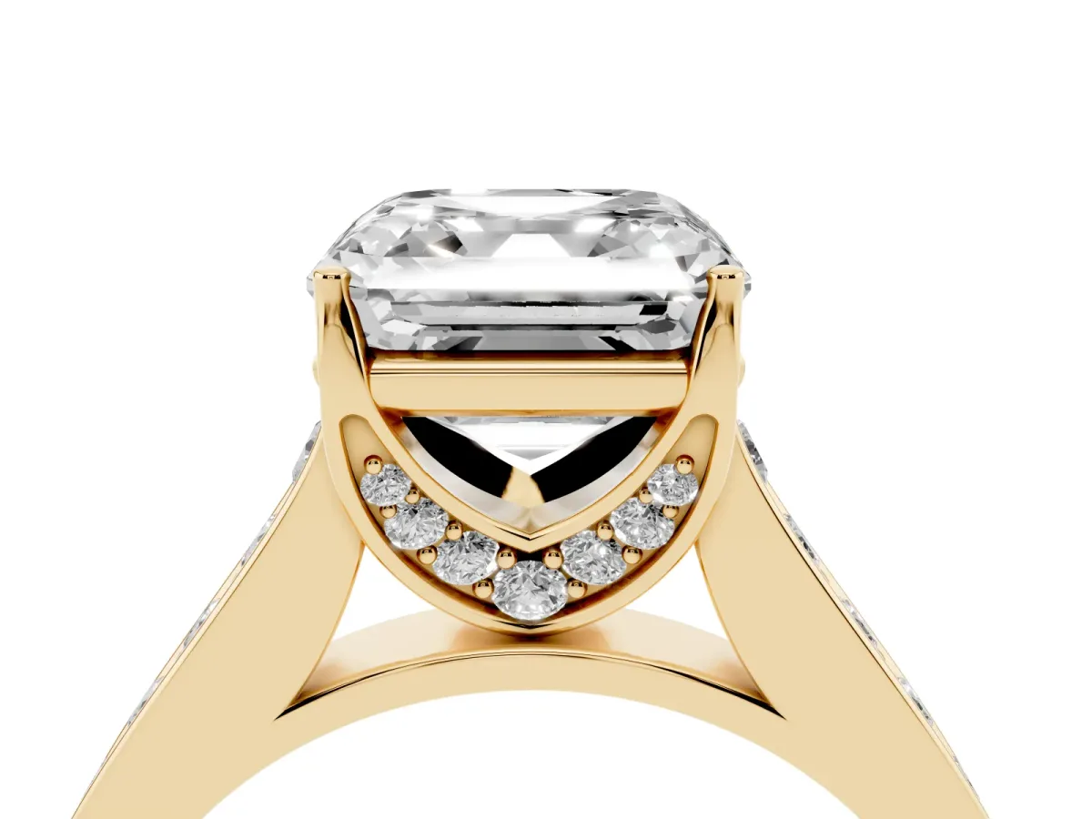 Asscher Cut Brilliant Cut Diamond Engagement Ring with Pavé Band and Four-Prong Setting Yellow gold