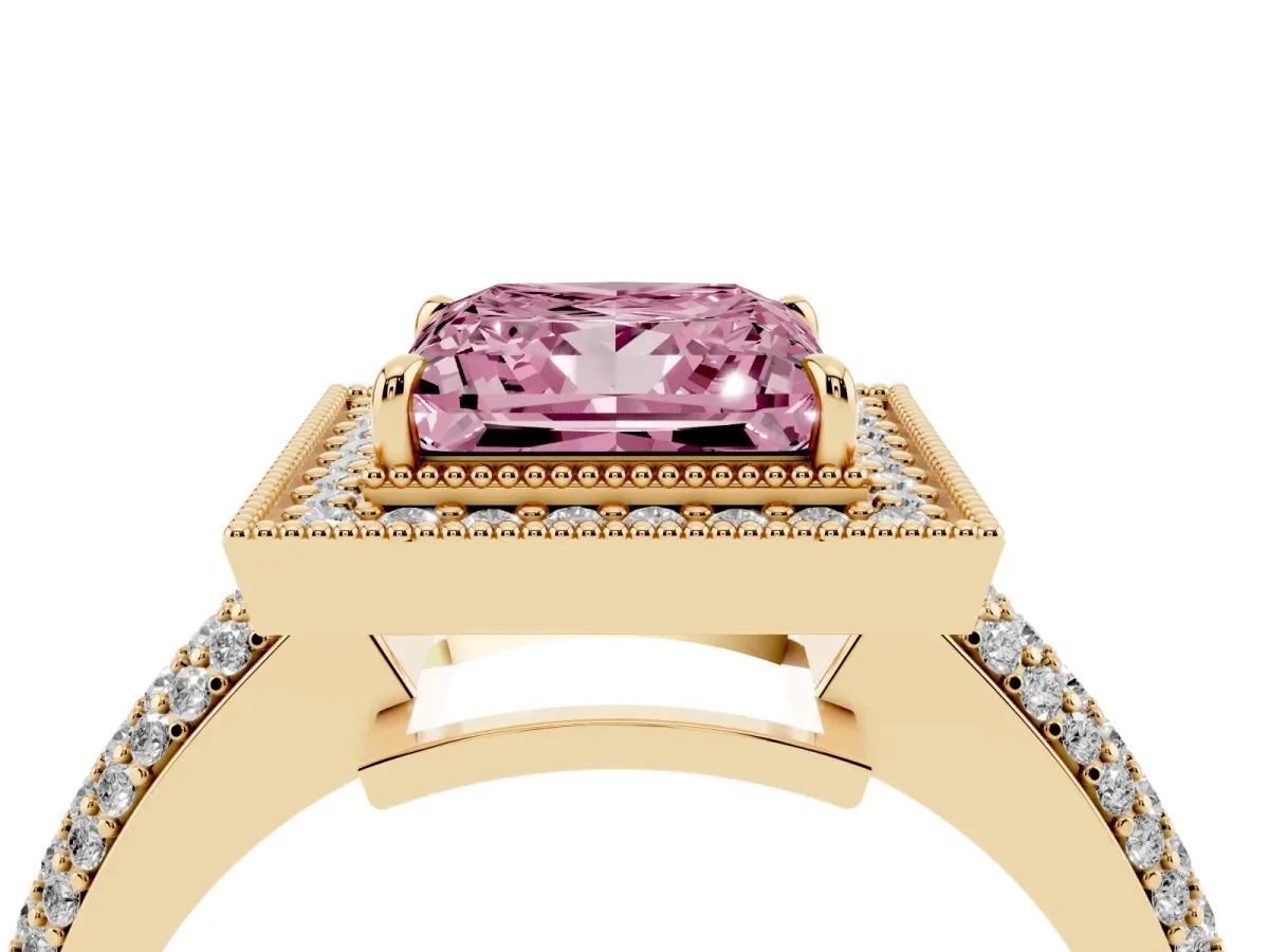 Fancy Pink Princess Cut Cut Halo Diamond Pave Band with Four-Prong Setting Yellow gold
