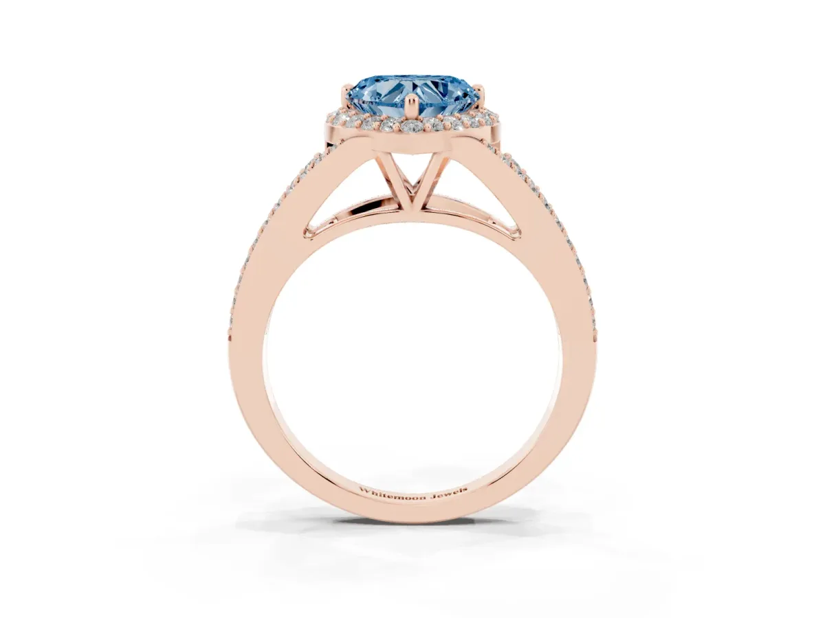 Fancy Blue Heart Cut Halo Split Shank Pave Diamond Ring with Four-Prong Setting Rose gold