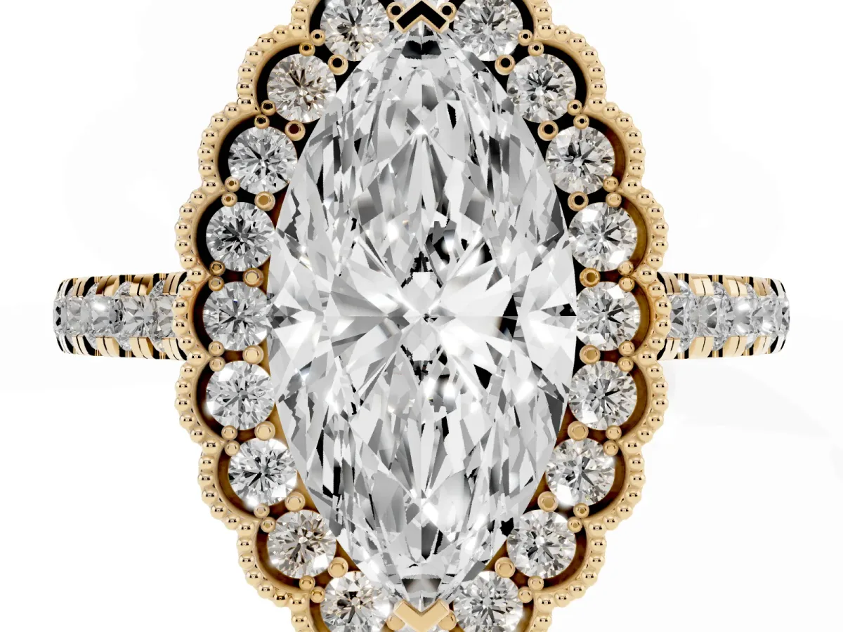 Marquise Cut Cut Diamond Milgrain Floral Halo Engagement Ring with Pavé Band Yellow gold