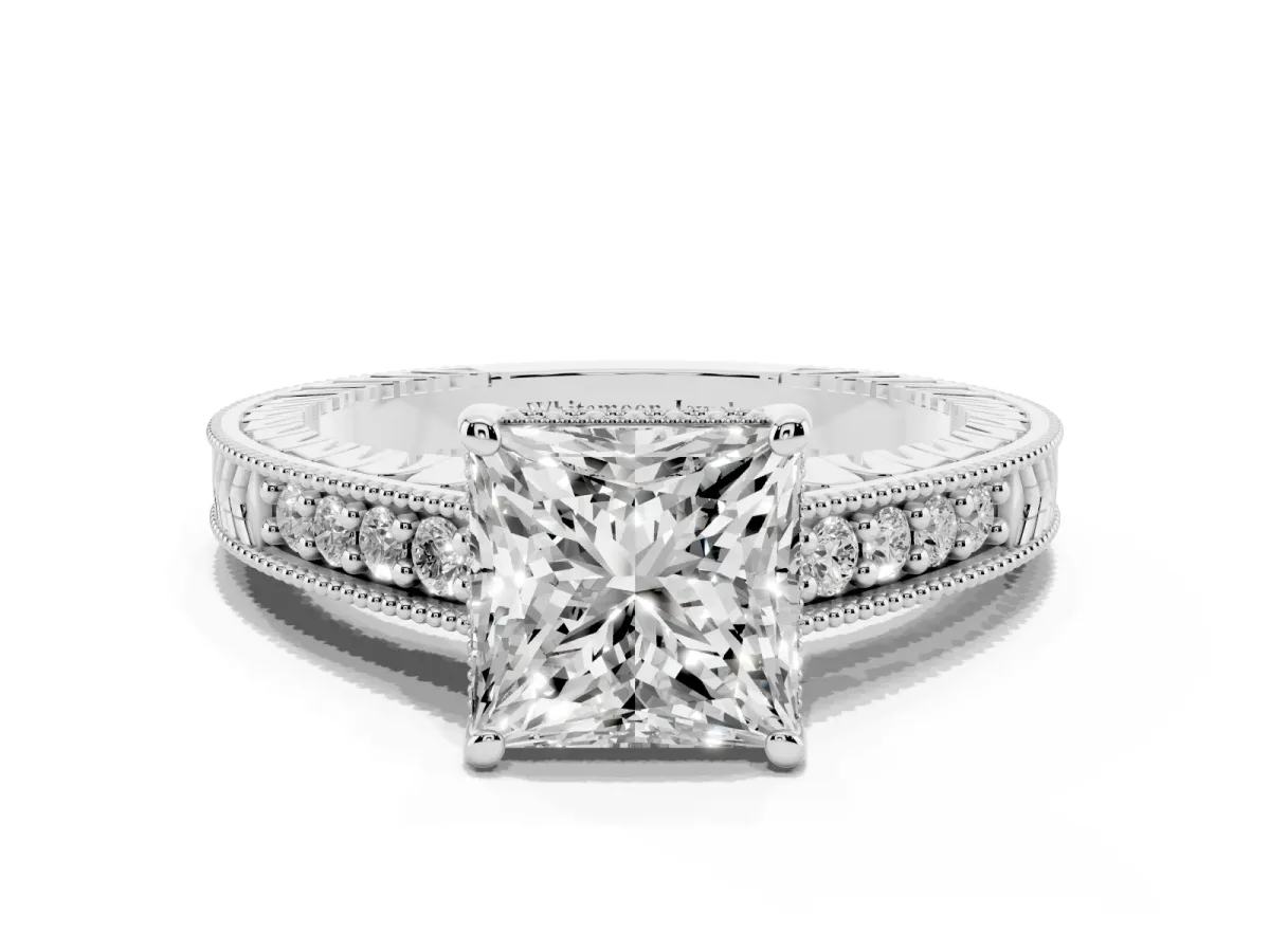 Princess Cut Solitaire Pavé Diamond Milgrain Engagement Ring with Four-Prong Setting Silver
