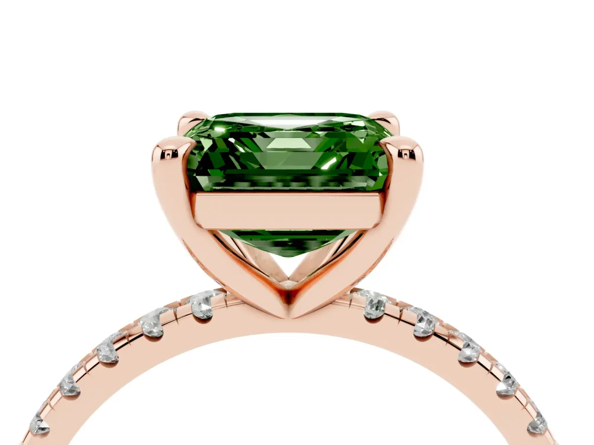Fancy Green Asscher Cut Diamond Brilliant Solitaire Ring with Pavé Band and Four-Prong Setting Rose gold