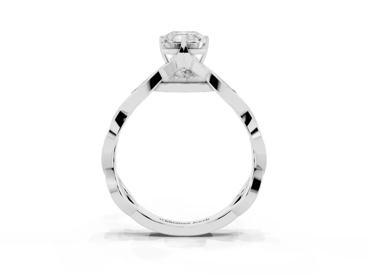 Emerald Cut Solitaire Twist Band with Leaf Prong Setting Silver