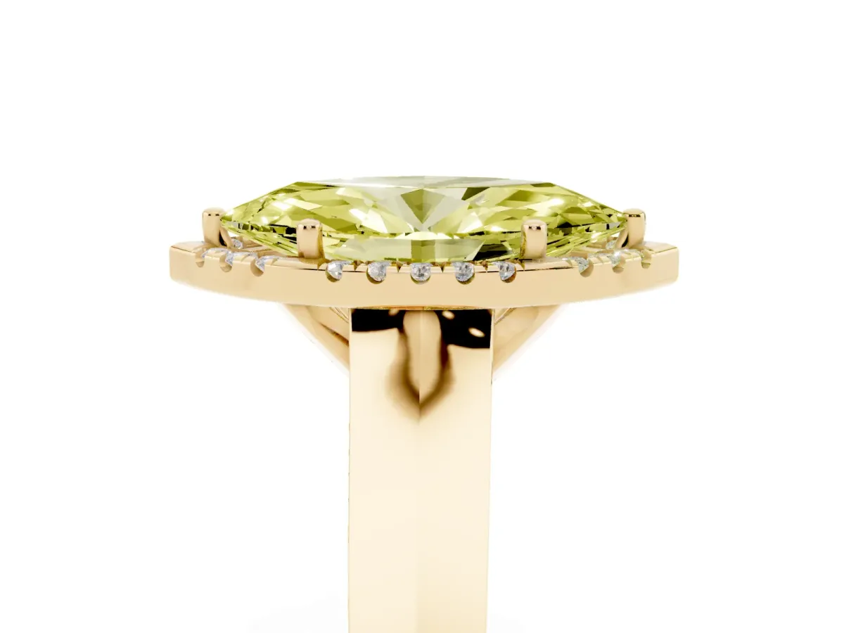 Fancy Yellow Marquise Cut Halo Diamond Ring with Cathedral Band and Four-Prong Setting Yellow gold