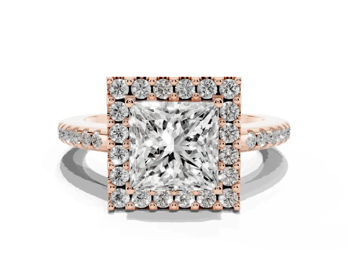 Princess Cut Diamond Pavé Halo Ring with Four-Prong Setting Rose gold
