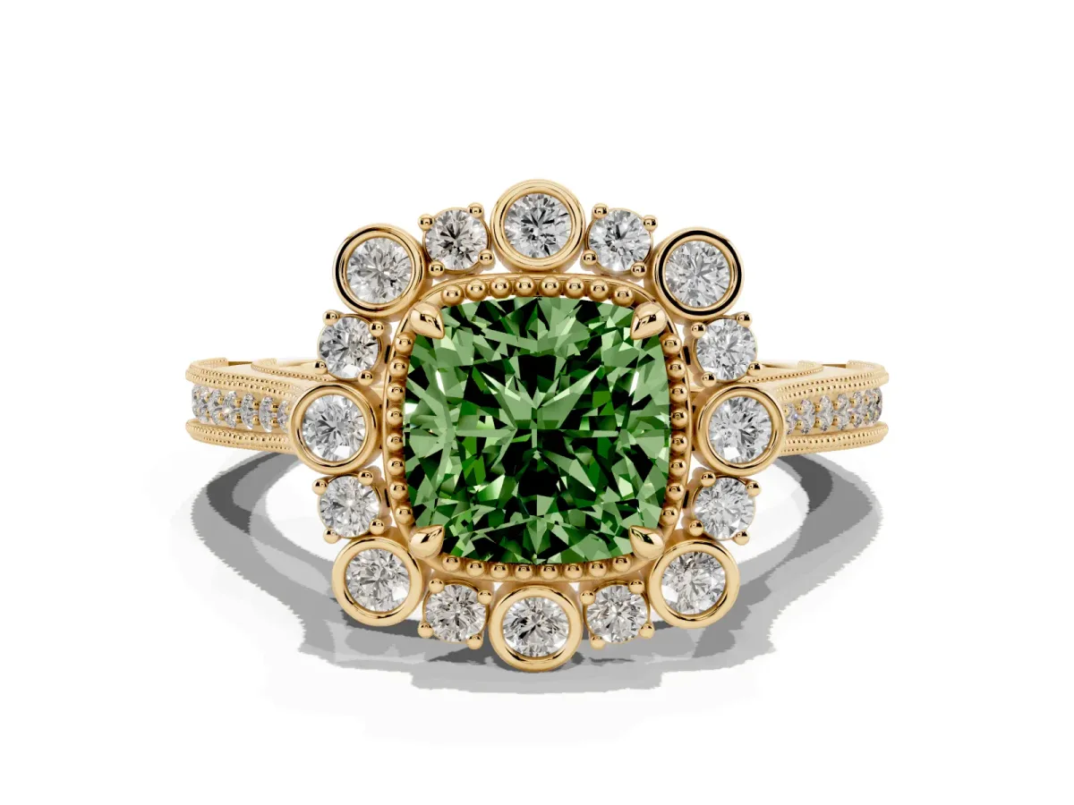 Fancy Green Cushion Cut Halo Milgrain Pave Diamond Ring with Four-Prong Setting Yellow gold