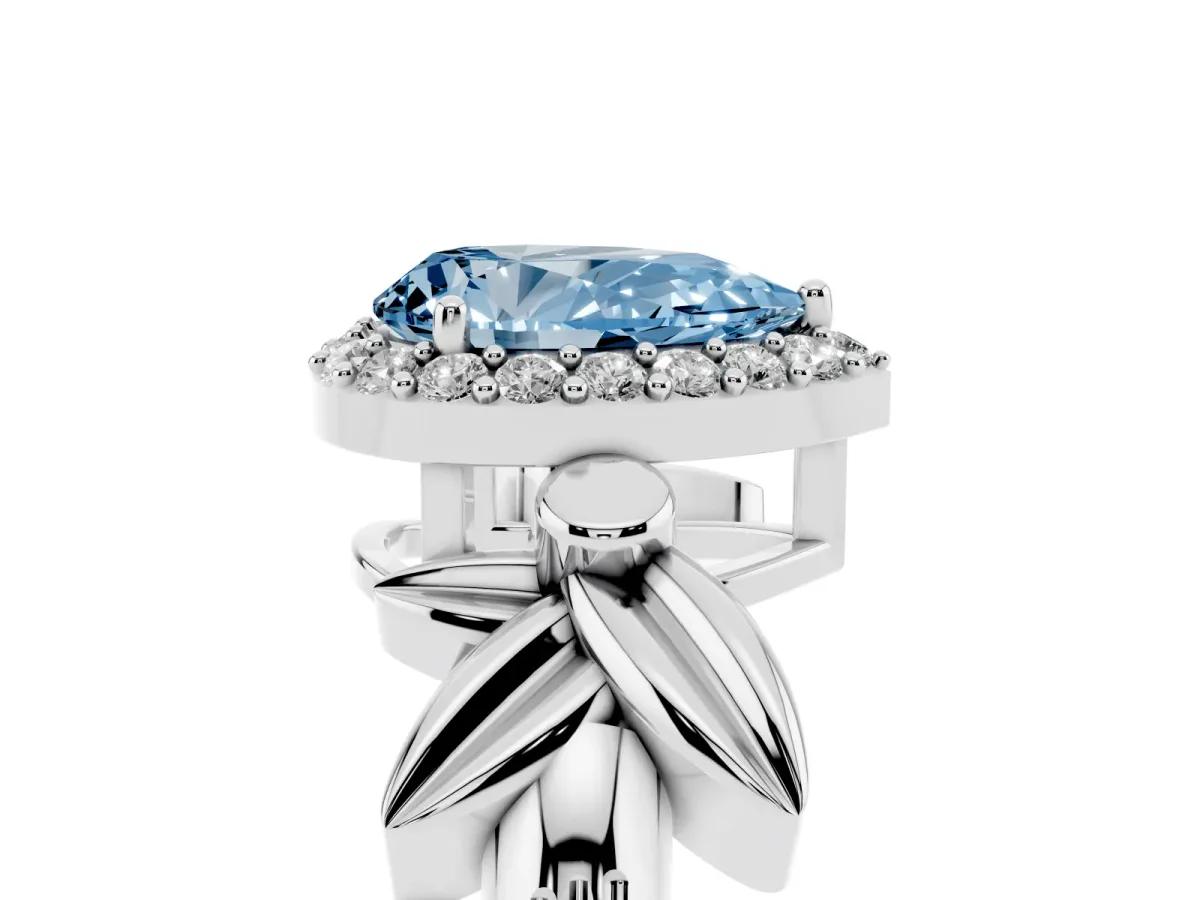 Fancy Blue Pear Cut Halo Diamond Floral Band with Four-Prong Setting Silver
