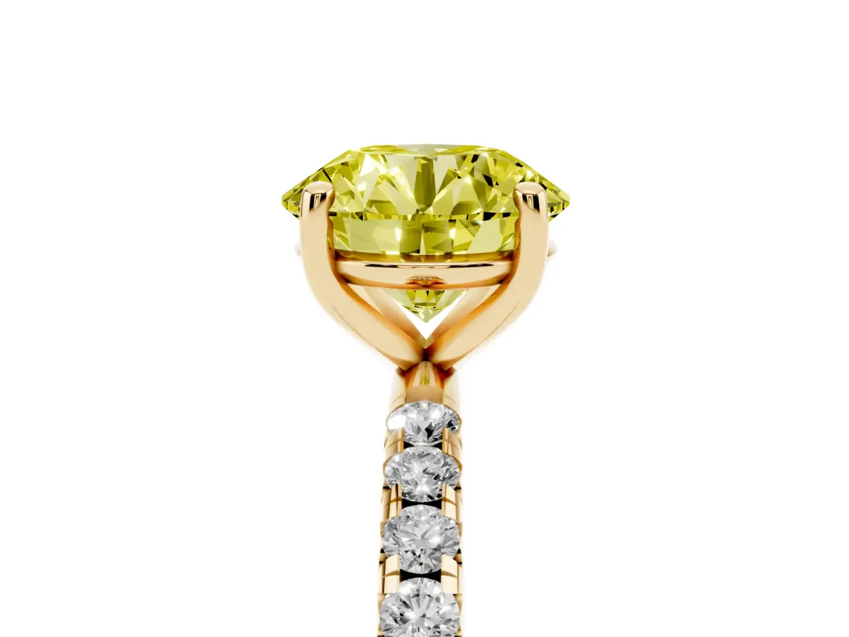 Fancy Yellow Round Cut Cut Diamond Solitaire Ring with Micro Pave Band and Four Prong Setting Yellow gold