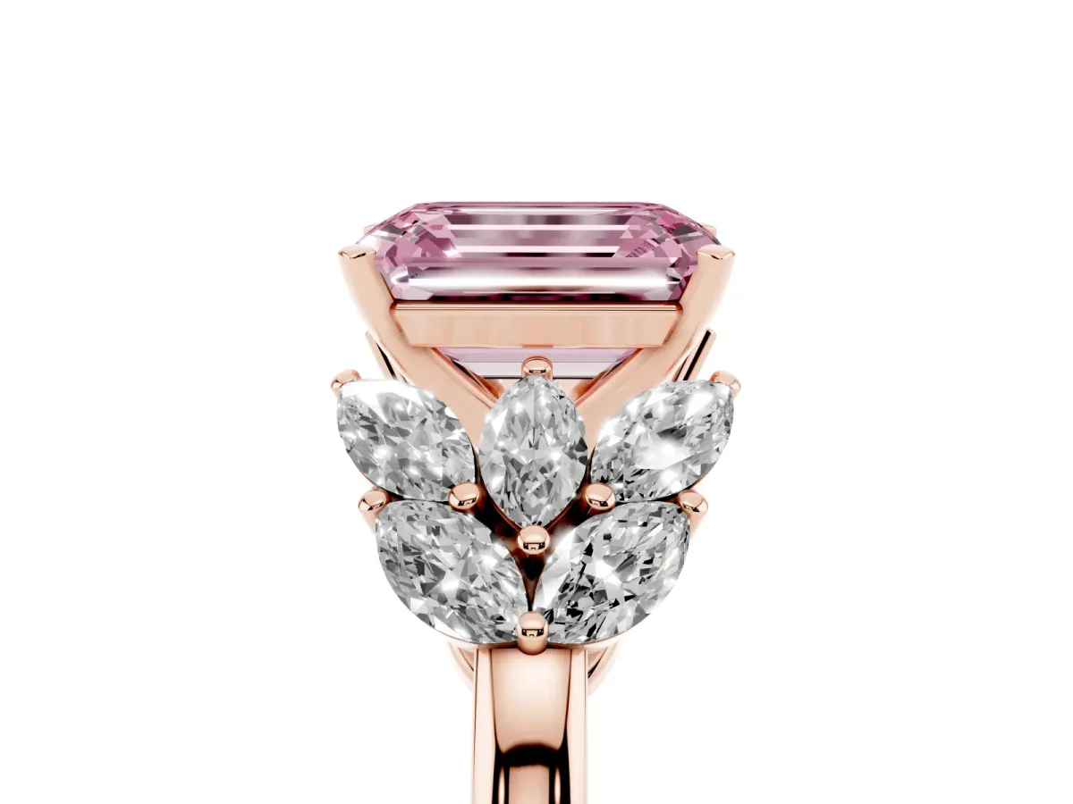 Fancy Pink Emerald Cut Diamond Cluster Leaf Design Ring with Prong Setting Rose gold