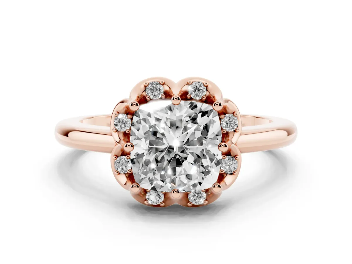 Cushion Cut Halo Diamond Ring with Round Cluster Setting, Solitaire Band, and Four-Prong Setting Rose gold