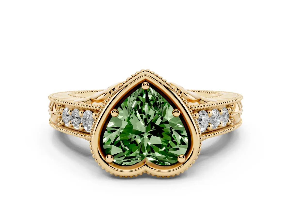 Fancy Green Bezel Set Heart Cut Diamond Milgrain Pave Engagement Ring Yellow gold