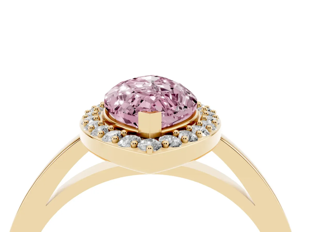 Fancy Pink Marquise Cut Halo Diamond Ring with Solitaire Band and Prong Setting Yellow gold