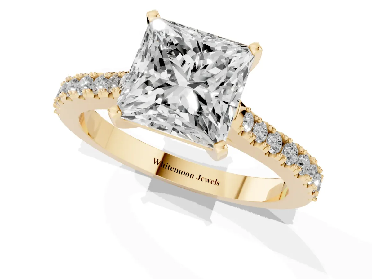 Princess Cut Cut Solitaire Diamond Engagement Ring with Pave Band and Four-Prong Setting Yellow gold