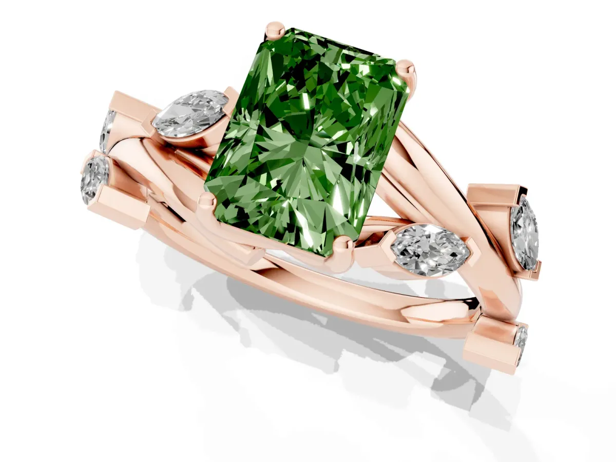 Fancy Green Radiant Cut Solitaire Twisted Band Marquise Accent Prong Setting Ring Rose gold